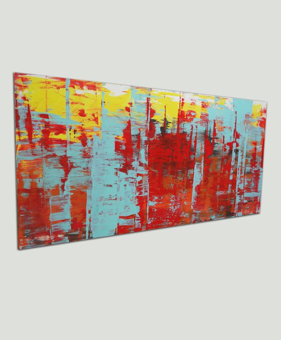 XL Abstract Painting - Static in Red - 180x90 cm - Ronald Hunter - 17D