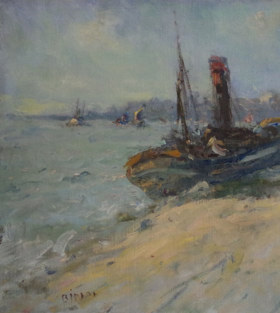 Harbor,  Seascape Original oil Painting, Antique Style, Handmade art, Impressionism, Tonalism, One of a Kind