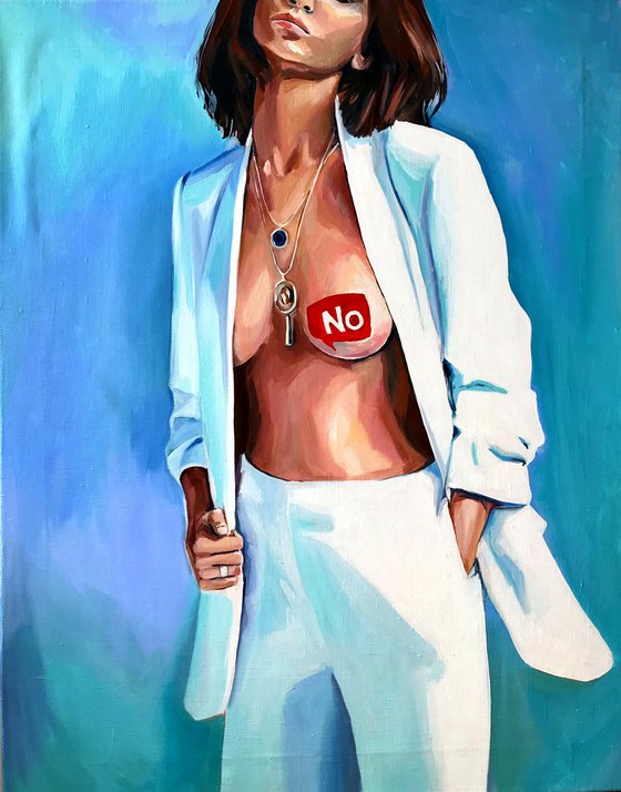 NO MEANS NO - feminist original painting oil on canvas home decor pop art office interior naked woman blue color white suit provocative subject