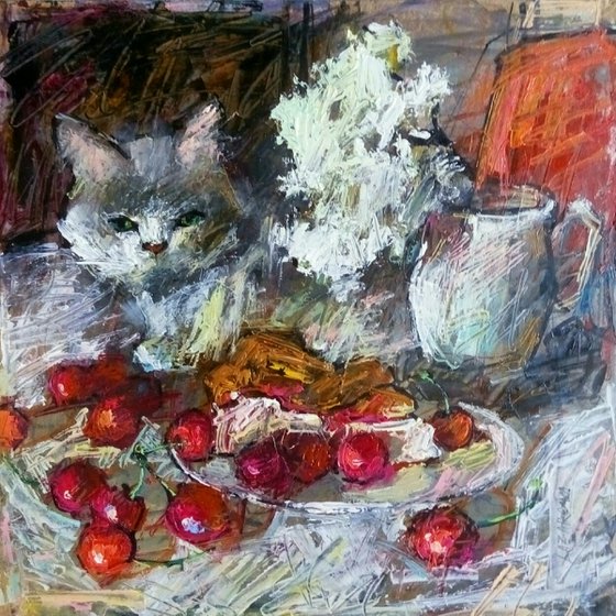 Gray cat & cherries