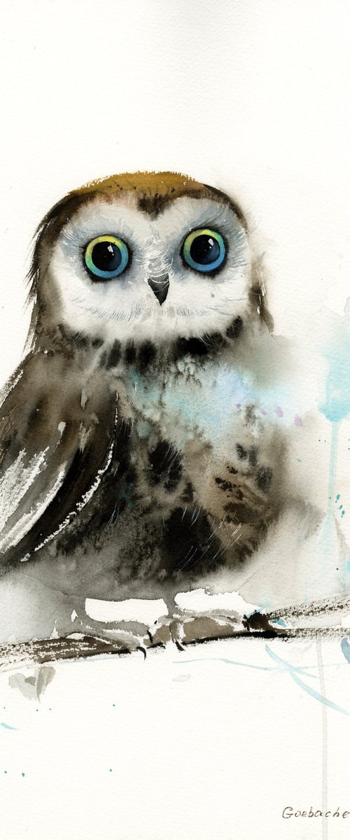 Little owl on a branch #4 by Eugenia Gorbacheva