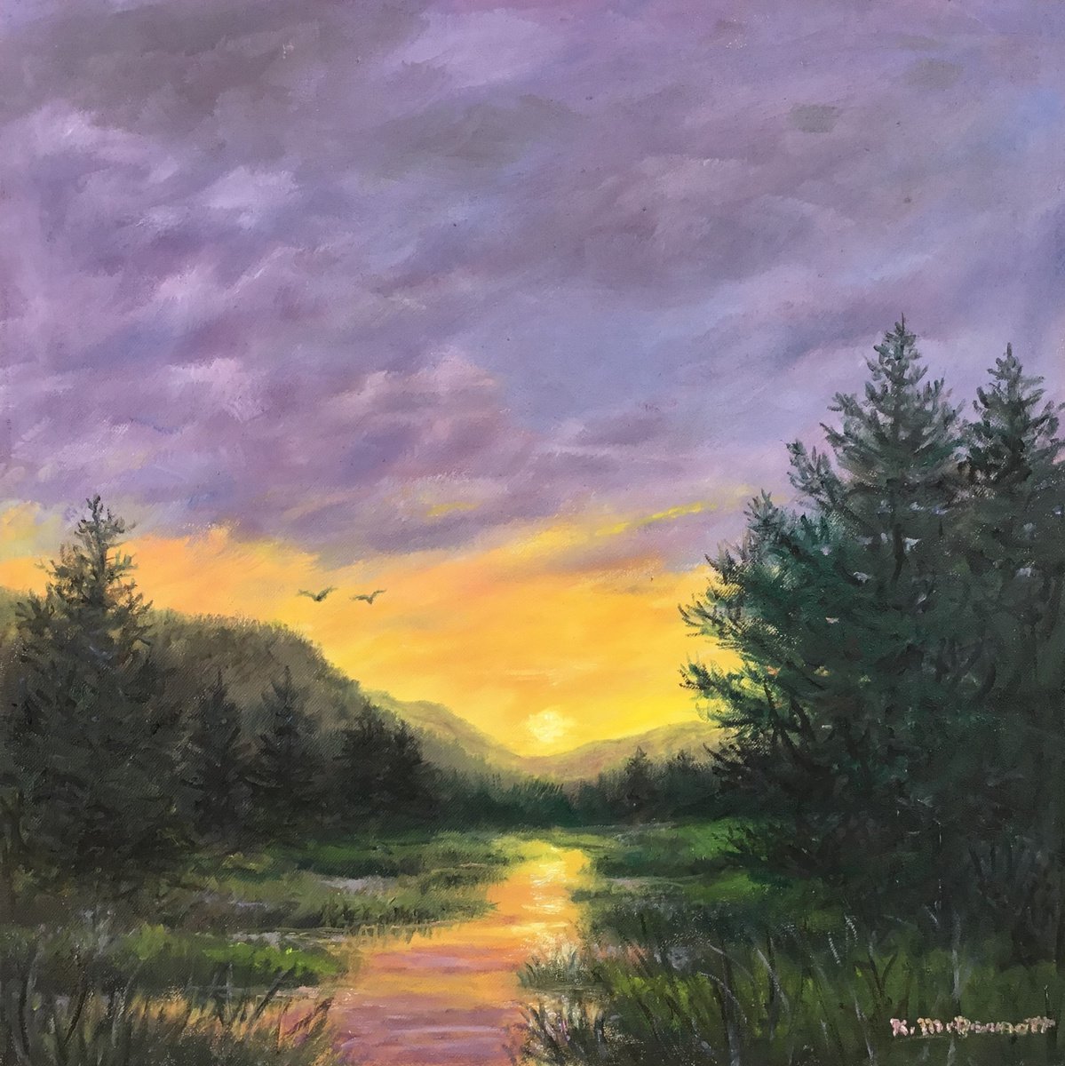 Photorealistic Landscape Oil Painting By Kathleen Mcdermott, 14 X 14", Night Mood # 3, Original Artwork