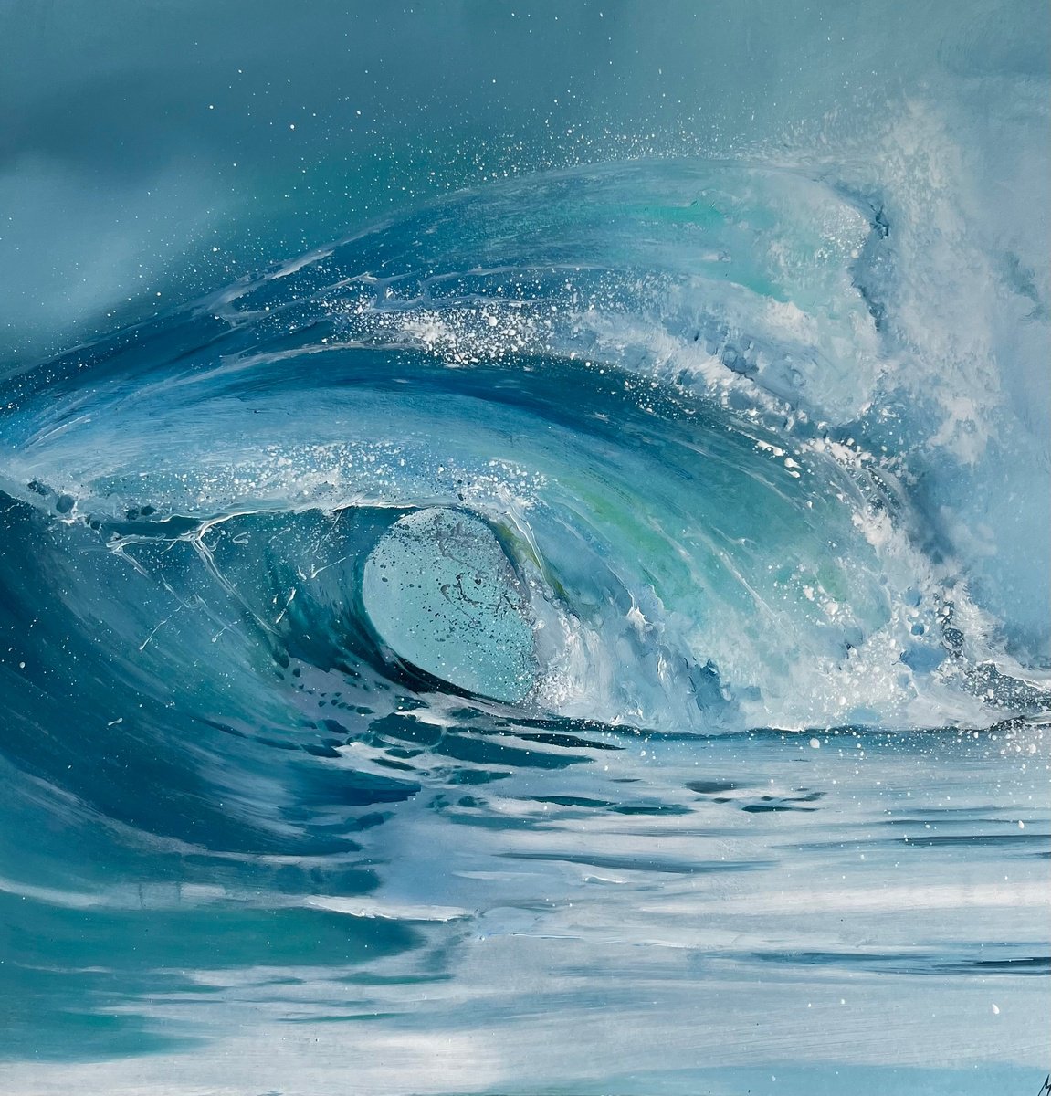 Photorealistic Landscape Oil Painting By Myroslava Denysyuk, 12 X 12", Sea Waves Splash, Original Artwork