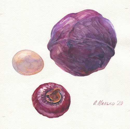 Veggies 6. Red cabbage, onion and egg / Original kitchen watercolor Purple vegetables on a white background by Olha Malko