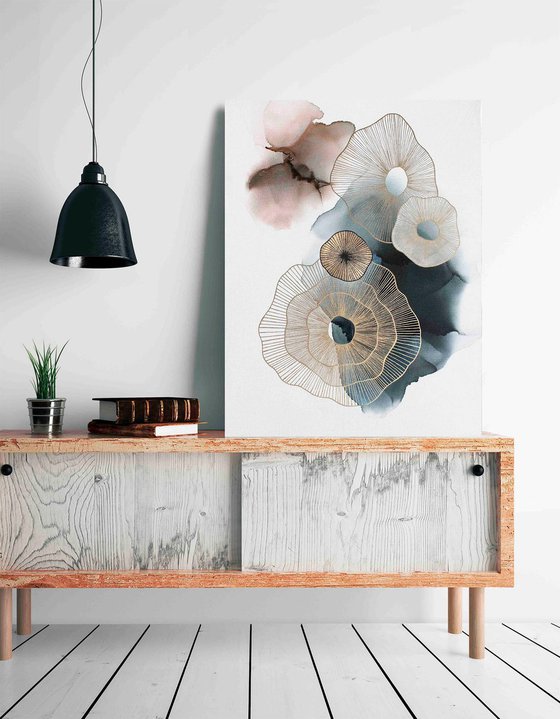 "Golden Molecules" Abstract navy gold art
