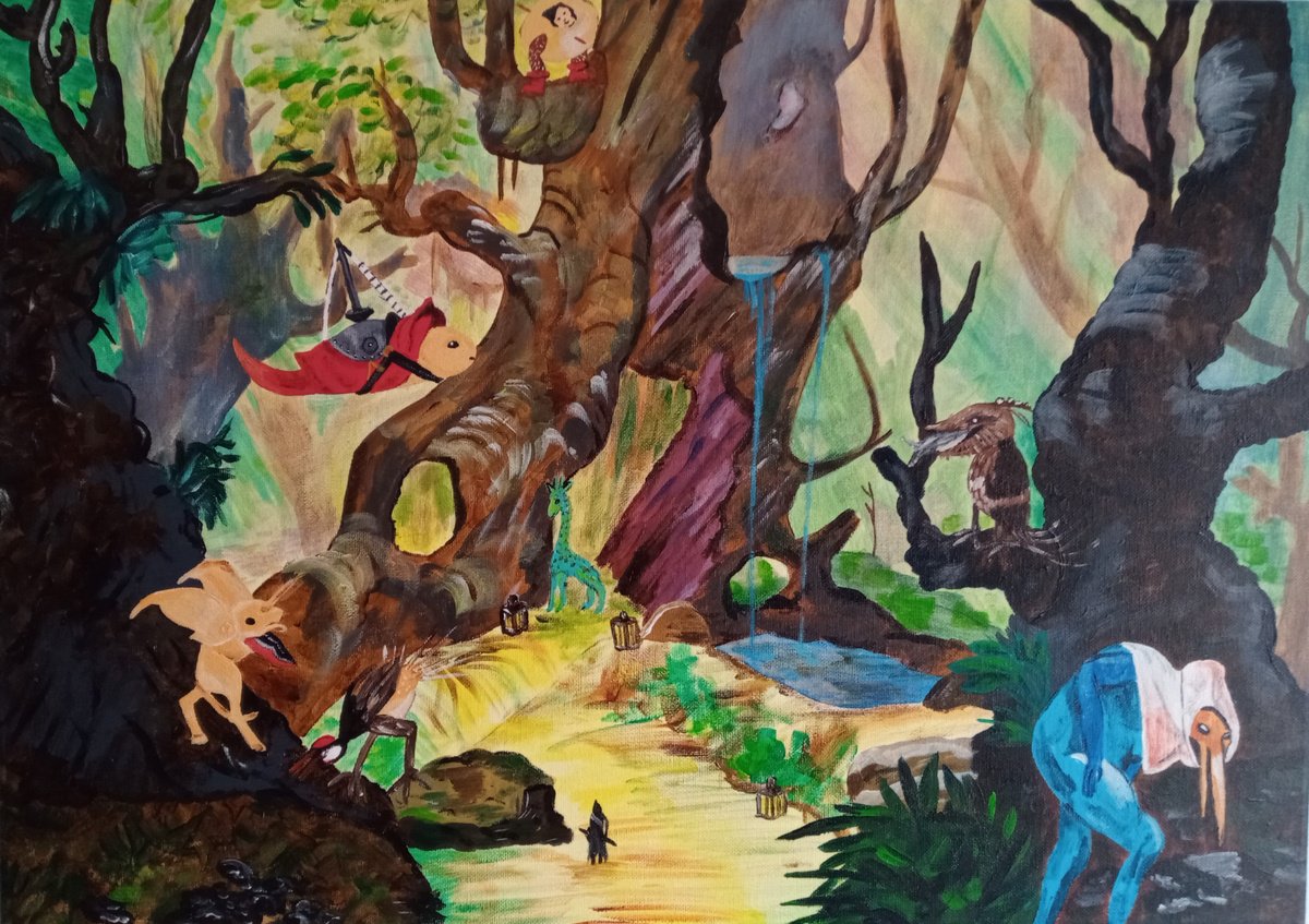 Naive Landscape Acrylic Painting By Corinne Hamer, 23 X 17, Enchanted Forest, Original Artwork