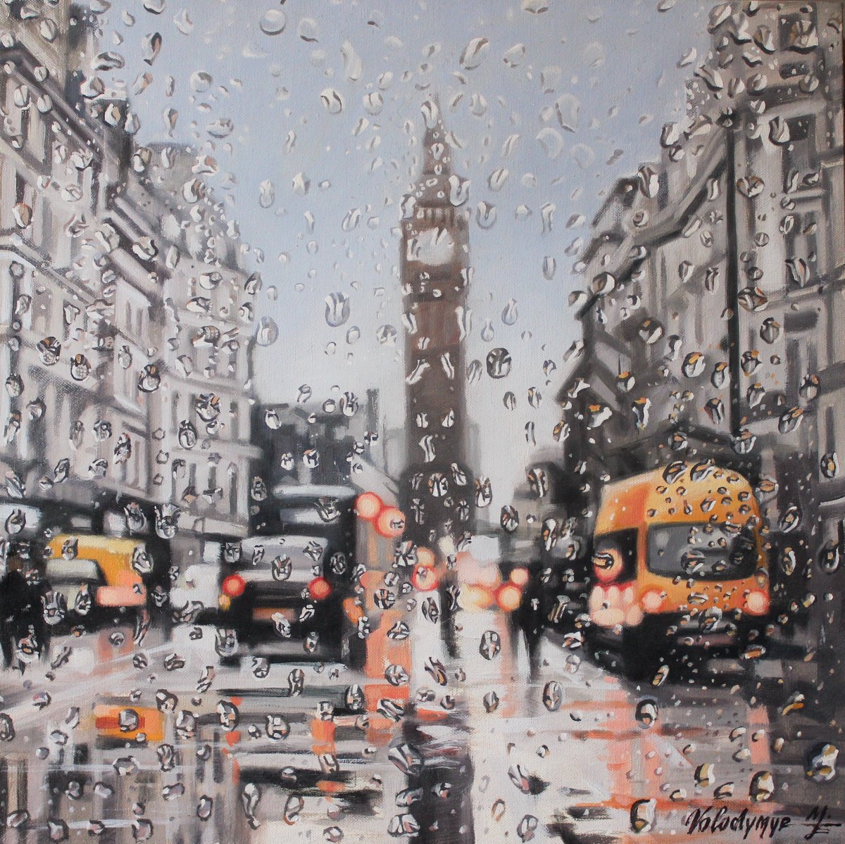 Cityscapes Oil Painting By Volodymyr Melnychuk, 20 X 20", Rainy London #2, Original Artwork