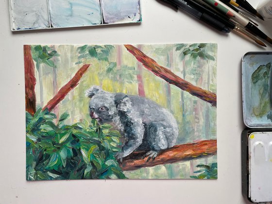 Koala Oil Painting, Cute Bear Original Artwork, Australia Wall Art, Animal Home Decor