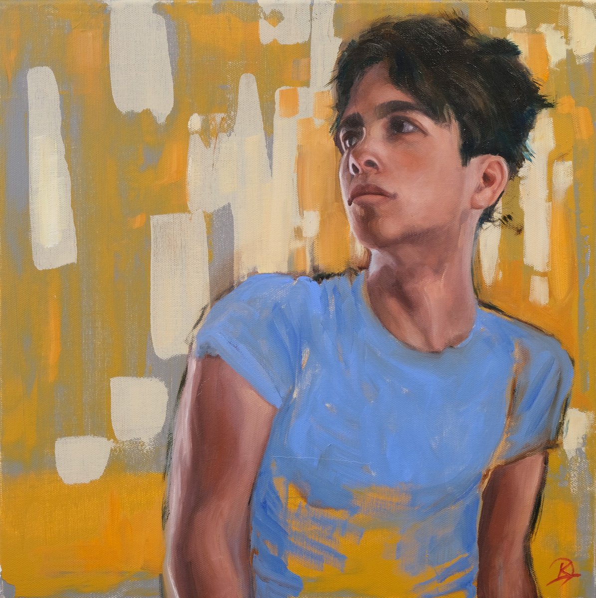 Organic Portrait Painting By Kerry Lisa Davies, 16 X 16", The Wait, Original Artwork