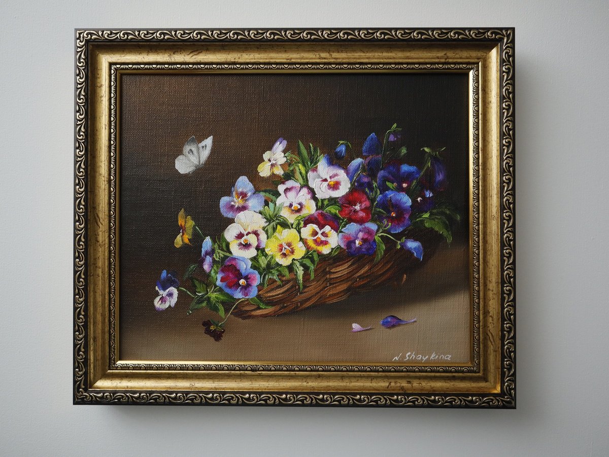 Photorealistic Oil Painting , Pansy Flowers With Butterfly By Natalia Shaykina, 14 X 12, Artwork For Sale On Artfinder