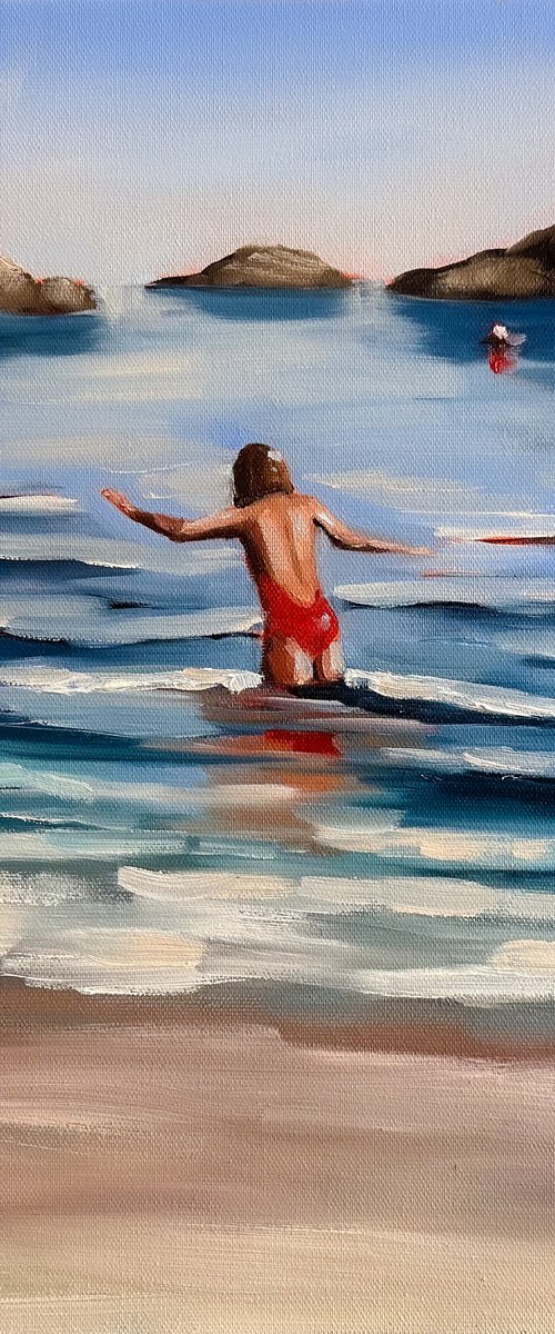 Swimming in Ocean Waves - Woman on California Beach Painting by Daria Gerasimova
