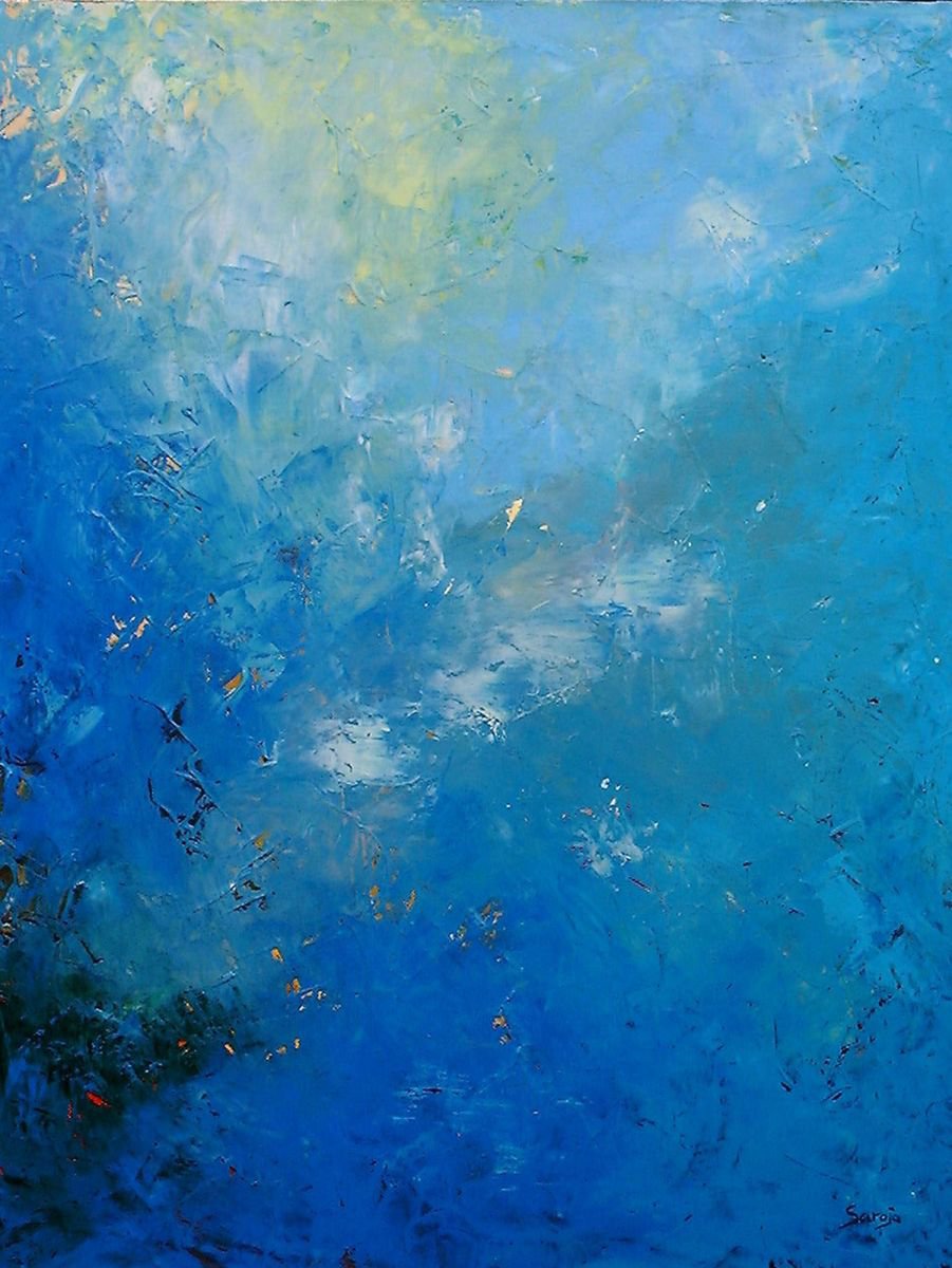 Abstract Landscape Oil Painting By Saroja Van Der Stegen, 25 X 33", Spring Blue (Ref#:456-25P), Original Artwork