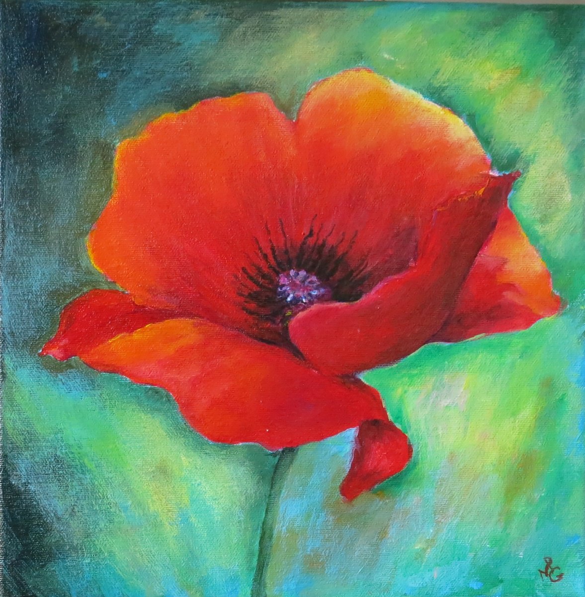 Impressionistic Botanical Acrylic Painting By Maureen Greenwood, 12 X 12", Perfect Poppy, Original Artwork