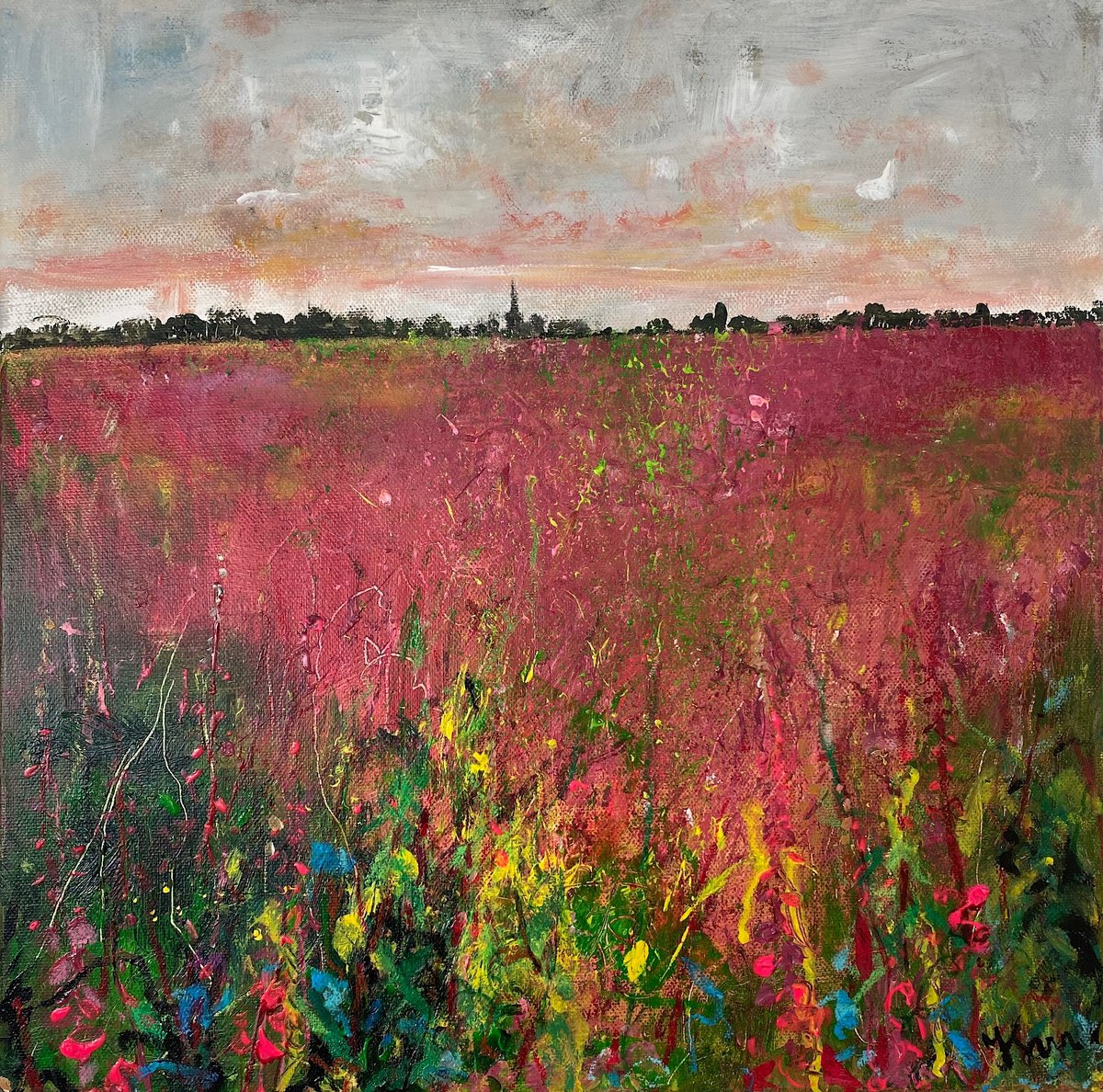 Organic Landscape Painting By Teresa Tanner, 16 X 16", Pink Rosebay Willowherb Field, Original Artwork
