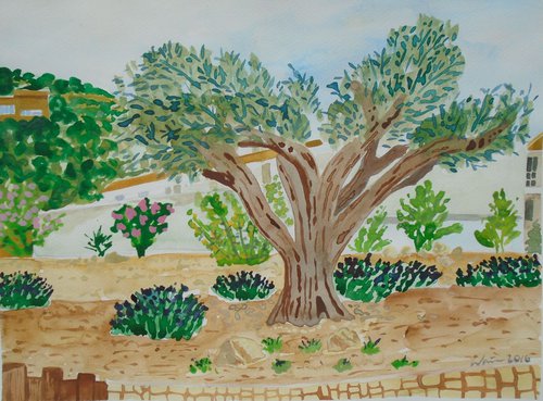Olive tree in  Spanish Garden I by Kirsty Wain