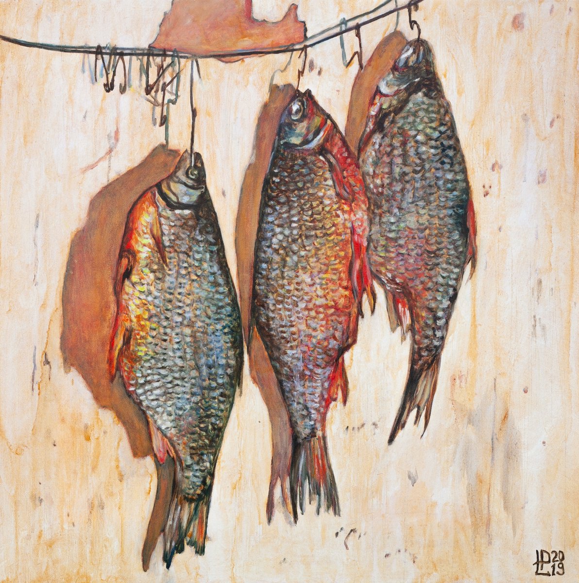 Photorealistic Still Life Oil Painting By Liudmila Pisliakova, 16 X 16", Drying Fish, Original Artwork