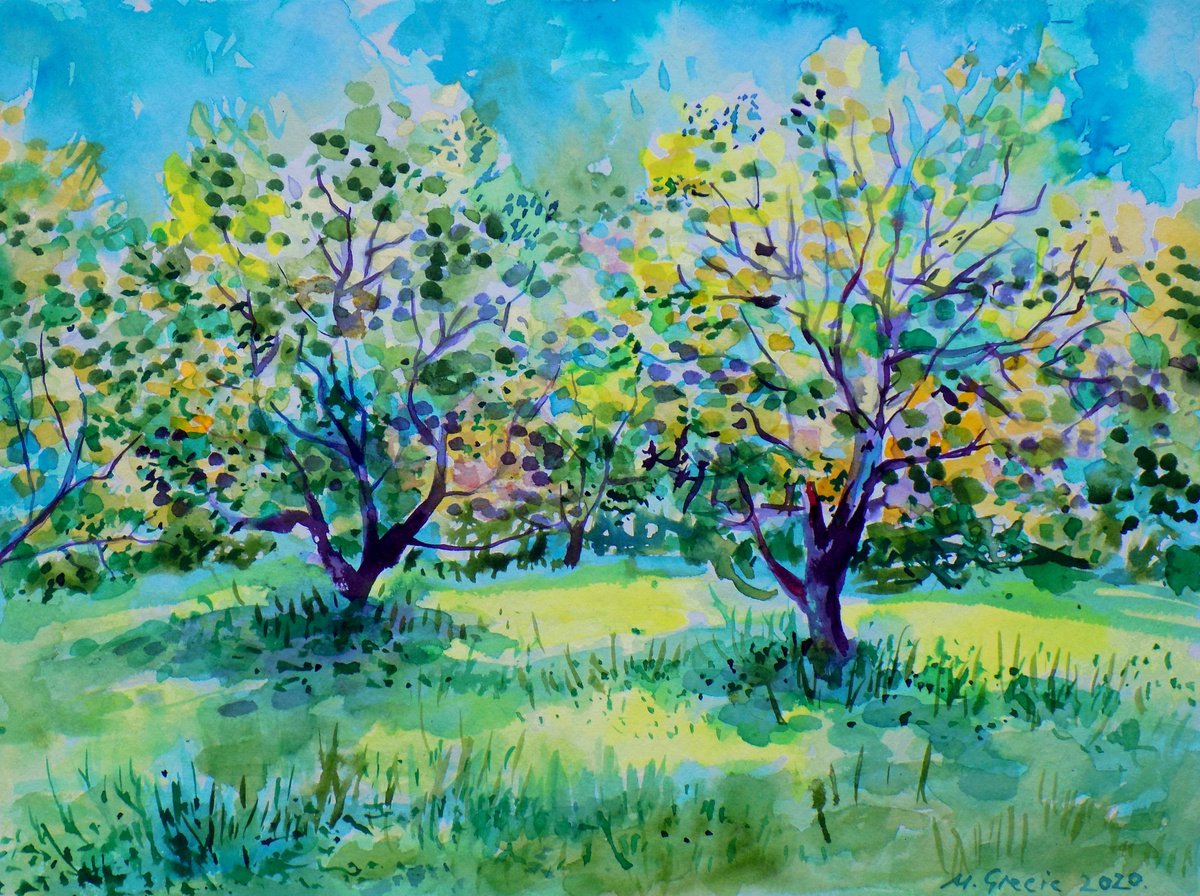 Impressionistic Watercolour , Olive Grove In Turquoise And Green By Maja Grecic, 16 X 12, Artwork For Sale On Artfinder