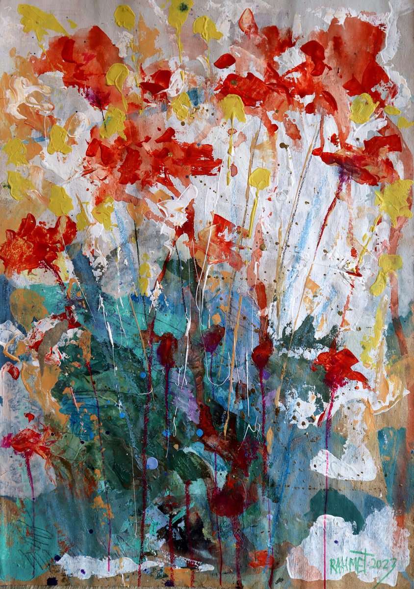 Impressionistic Botanical Acrylic Painting By Rakhmet Redzhepov, 17 X 23", Fantasy With Flowers 103, Original Artwork
