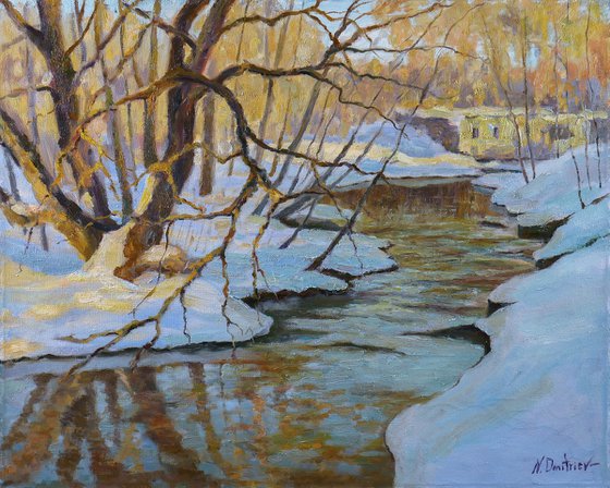 Rays of the setting Sun over the spring river - sunset landscape painting