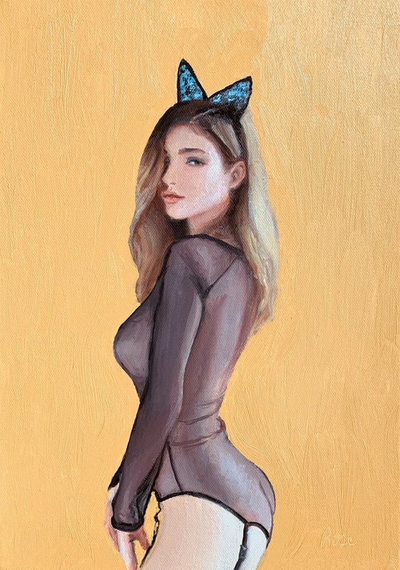 Bunny Ears. Original erotic oil figure painting.