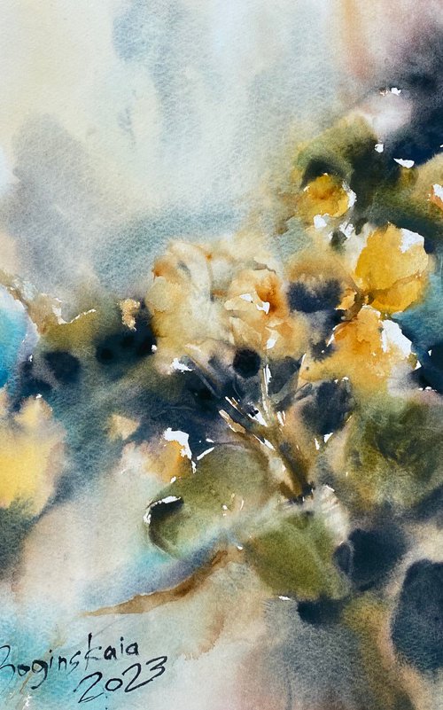 Geranium yellow - original floral watercolor by Anna Boginskaia