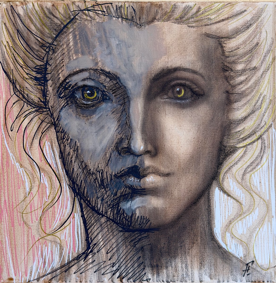 Expressive Portrait Acrylic Painting By Nikola Gulev, 16 X 16", "Duplicity", Original Artwork