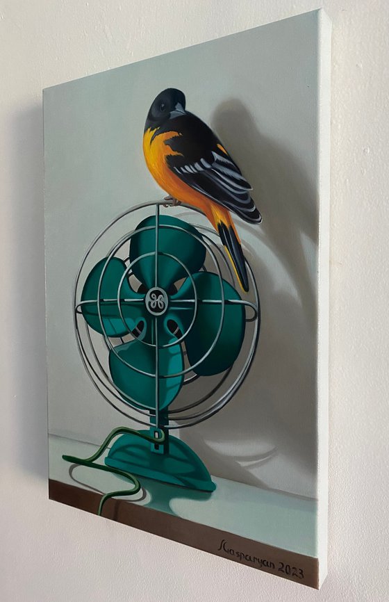 Still life with bird and fan (24x35cm, oil painting, ready to hang)