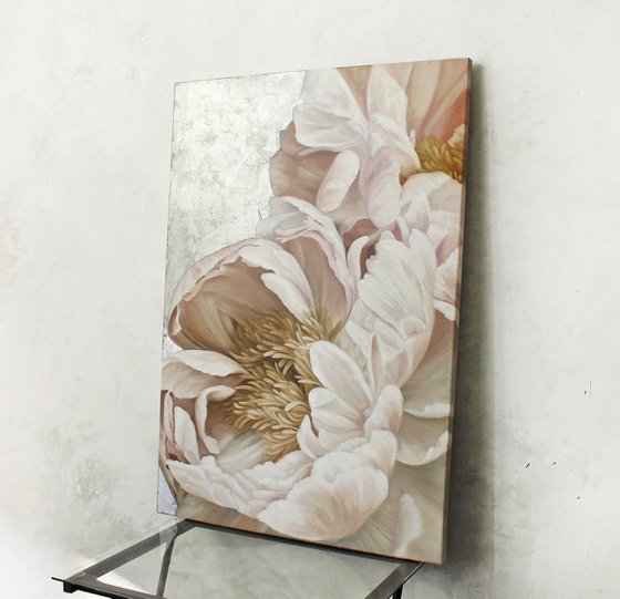 "Silk Flowers" Pink silver peonies oil art