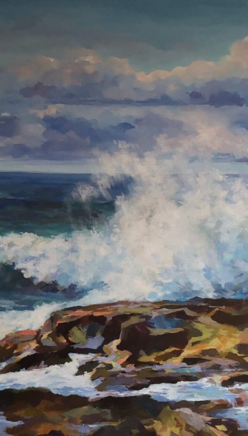 Sun on the ocean wave, original one of a kind acrylic on wide edges canvas seascape by Alexander Koltakov