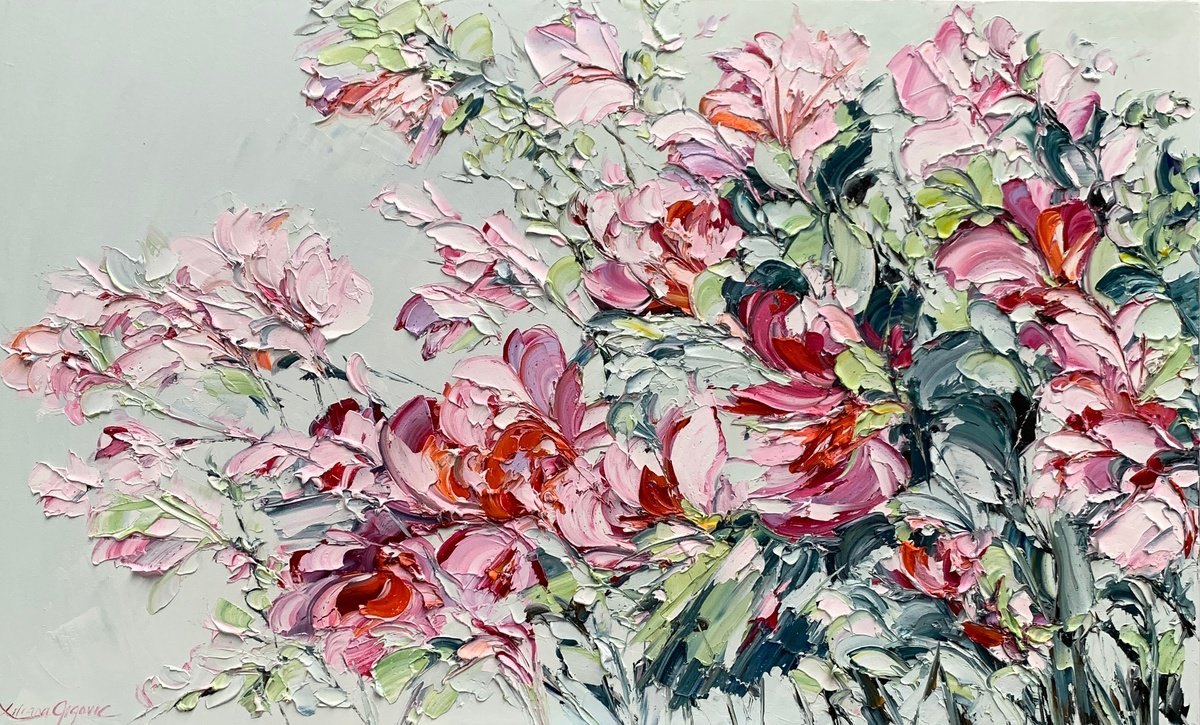 Impressionistic Botanical Oil Painting By Liliana Gigovic, 60 X 36", Pink Magnolia No 5, Original Artwork