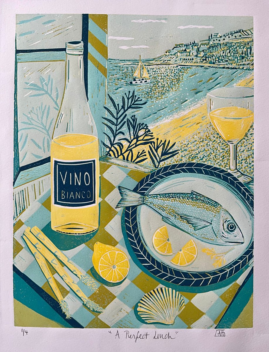 Still Life Linocut By Alison Headley, 11 X 15, A Perfect Lunch, Original Artwork