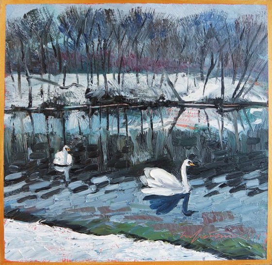 ‘WINTER SWAN LAKE’ - Small Oil Painting on Panel