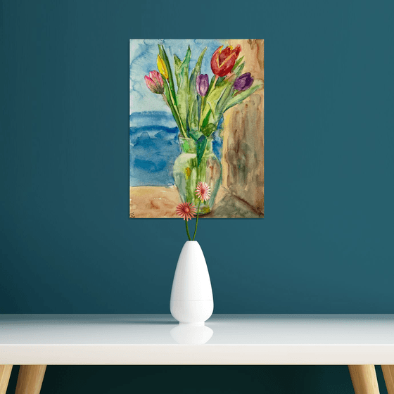 Tulips Original Watercolor Painting, Mothers Day Gift, Boho Colorful Wall Decor