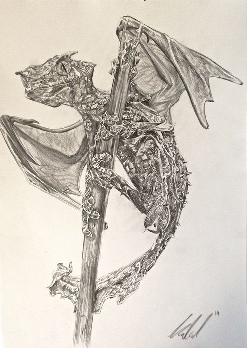 Brass dragon on green grass Fantasy creature Watercolour by Yulia Evsyukova