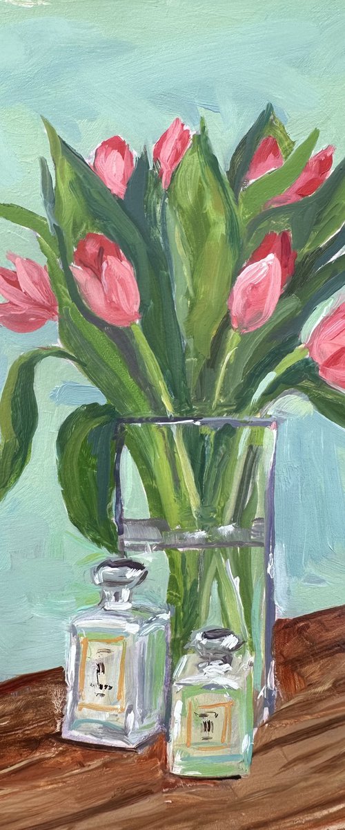 Pink tulips in glass vase by Toni Swiffen