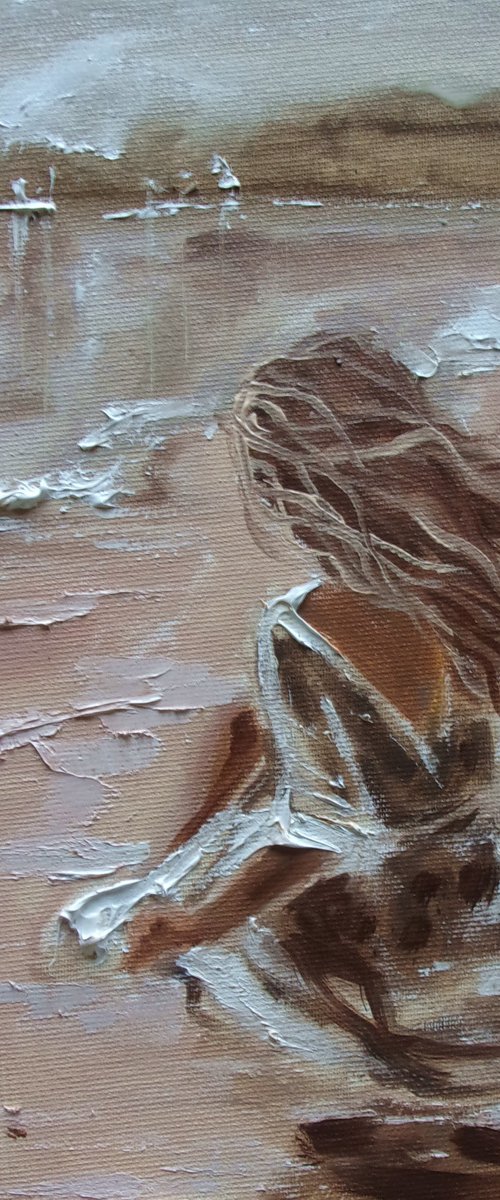 " BY THE SEA " SUN SKY SEA SAND liGHt  ORIGINAL OIL PAINTING, GIFT, PALETTE KNIFE by Monika Luniak