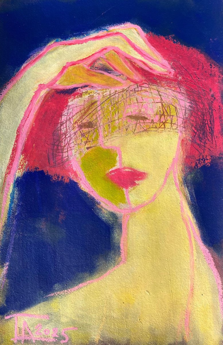 Expressive Portrait Pastel Drawing By Tatjana Auschew, 11 X 17", Portrait With A Veil., Original Artwork