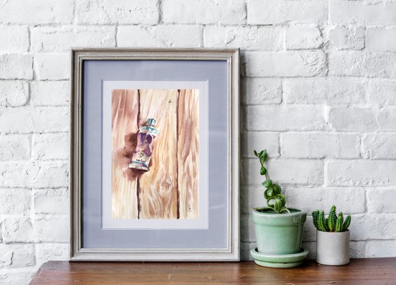 "Still life with tube of watercolor paint on a wooden table" original watercolor artwork