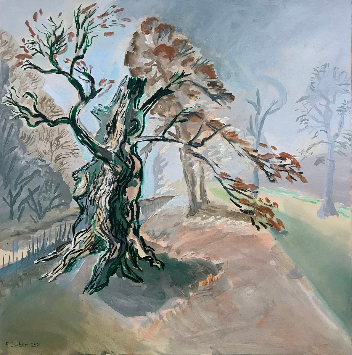 Impressionistic Landscape Acrylic Painting By Frank Creber, 24 X 24, 400 Year Old Sweet Chestnut Tree, Original Artwork