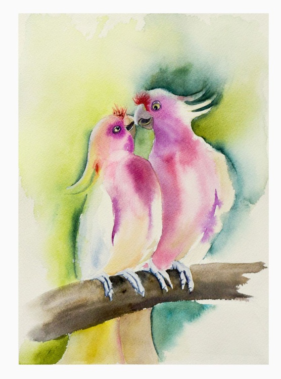 Original Watercolor Kissing Parrots Painting Artfinder