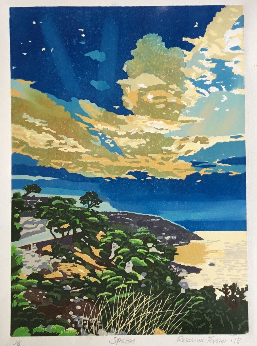 Landscape Linocut By Rosalind Forster, 12 X 16", Spetses, Original Artwork