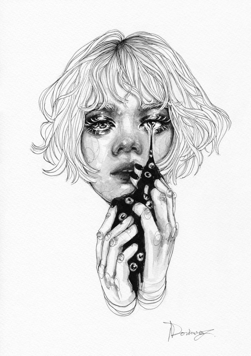 Expressive Portrait Ink Drawing By Doriana Popa, 8 X 12, Drip, Original Artwork