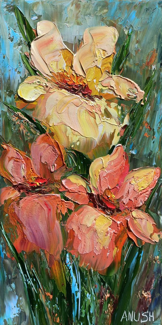 Irises (20x40cm, oil painting, palette knife)