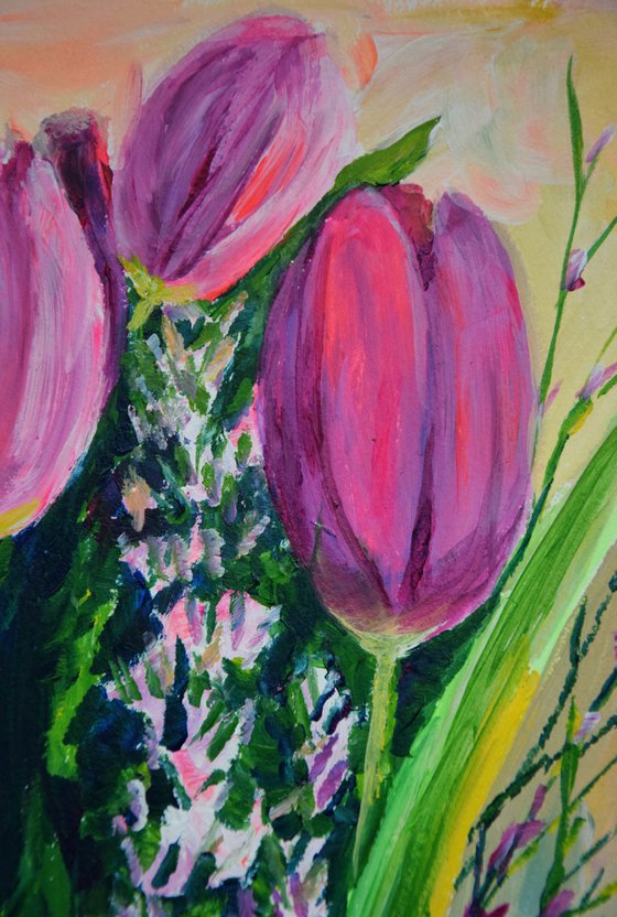 Pink tulips acrylic painting, flower wall art, gift for her