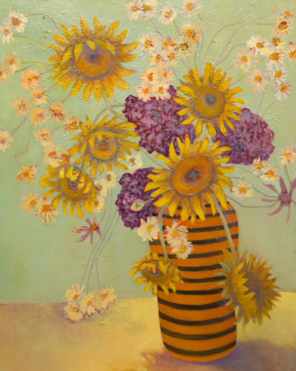 Impressionistic Botanical Oil Painting By Veta Barker, 24 X 30", Flowers Charlston In A Vase., Original Artwork