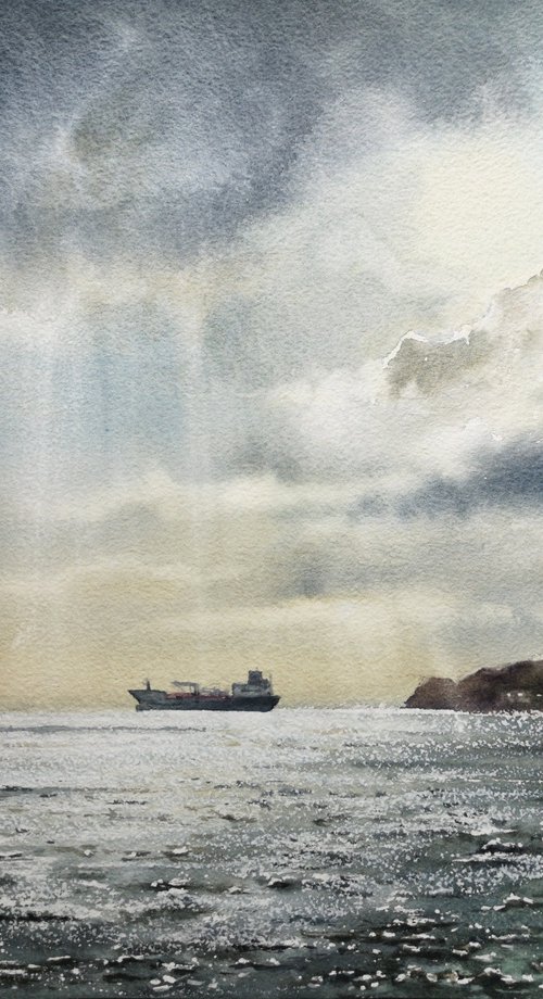 Seascape with Cargo Ship by Olga Beliaeva Watercolour