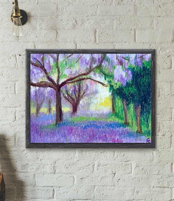 Garden Original Painting, Purple Tree Oil Pastel Drawing, Floral Wall Art, Gift for Her