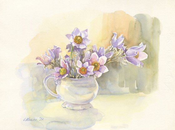 Spring flowers in the cup. Dream-grass / ORIGINAL watercolor 14x11in (38x28cm)