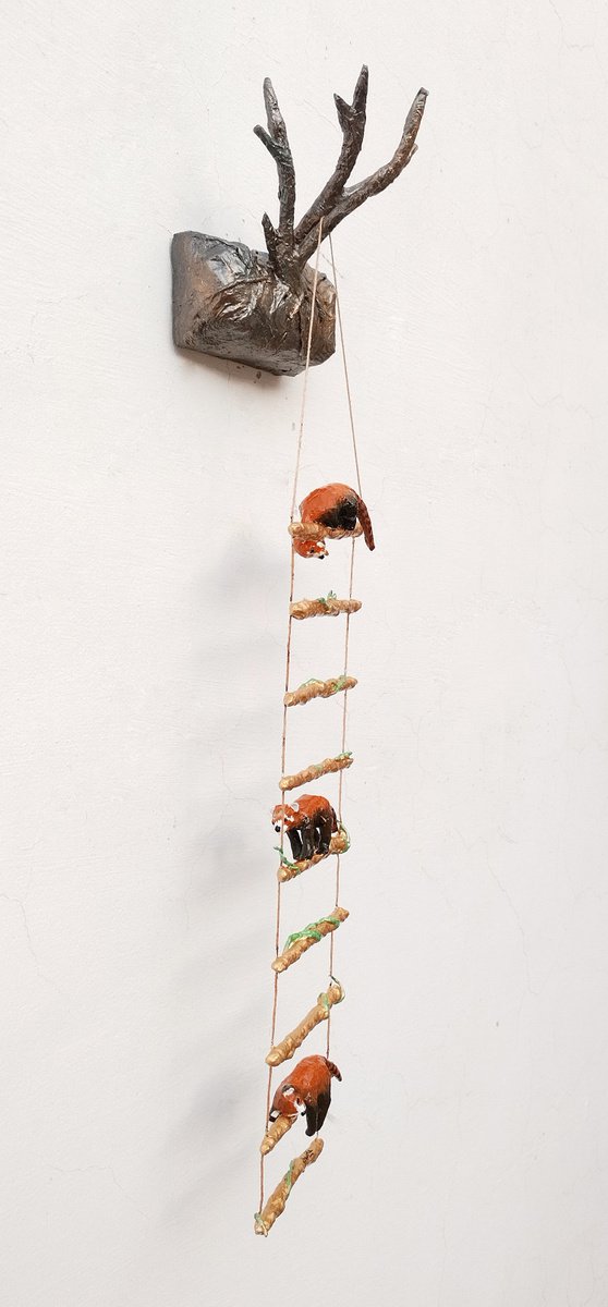 Red pandas climbing the ladder - Original paper sculpture by Shweta  Mahajan