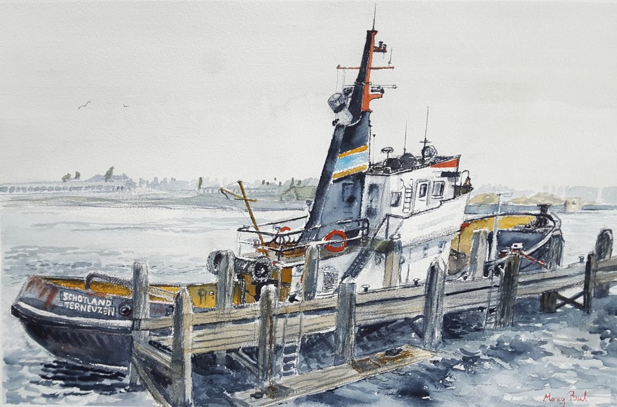 Impressionistic Landscape Watercolour By Morag Paul, 28 X 20", Schotland Terneuzen, Original Artwork